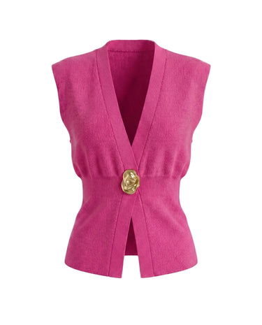 The Solara Gold Button Vest in magenta — sleeveless knit vest with deep V neck and gold button, product flat-lay