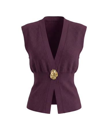 The Solara Gold Button Vest in dark purple — sleeveless knit vest with deep V neck and gold button, product flat-lay