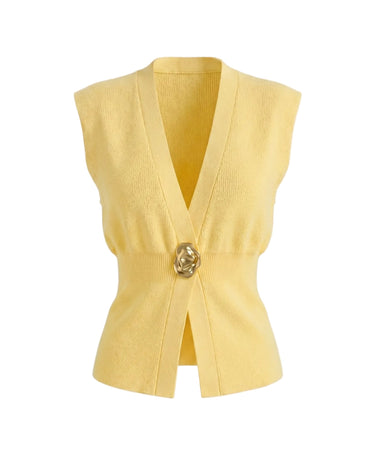 The Solara Gold Button Vest in yellow — sleeveless knit vest with deep V neck and gold button, product flat-lay