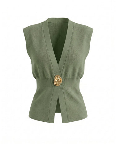 The Solara Gold Button Vest in green — sleeveless knit vest with deep V neck and gold button, product flat-lay