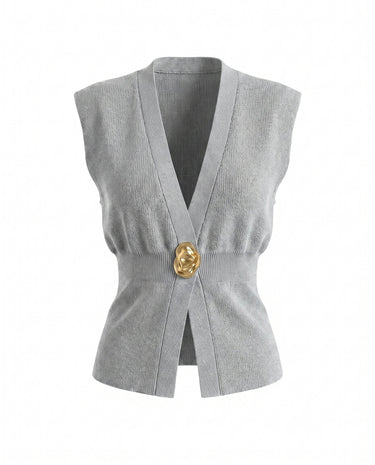 The Solara Gold Button Vest in gray — sleeveless knit vest with deep V neck and gold button, product flat-lay
