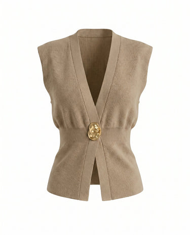 The Solara Gold Button Vest in tan — sleeveless knit vest with deep V neck and gold button, product flat-lay
