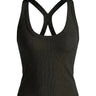 The Solene Camisole in black — ribbed cross-back camisole, product flat-lay