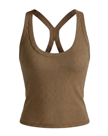 The Solene Camisole in light brown — ribbed cross-back camisole, product flat-lay