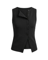 Black sleeveless ribbed top with an asymmetric button front and split hem, flat lay on white – Moriel Heritage