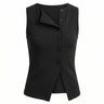 Black sleeveless ribbed top with an asymmetric button front and split hem, flat lay on white – Moriel Heritage