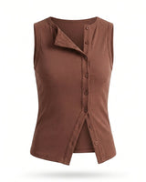Brown sleeveless ribbed top with an asymmetric button front and split hem, flat lay on white – Moriel Heritage