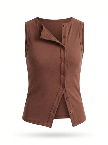 Brown sleeveless ribbed top with an asymmetric button front and split hem, flat lay on white – Moriel Heritage