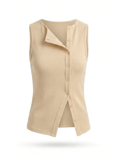 Beige sleeveless ribbed top with an asymmetric button front and split hem, flat lay on white – Moriel Heritage