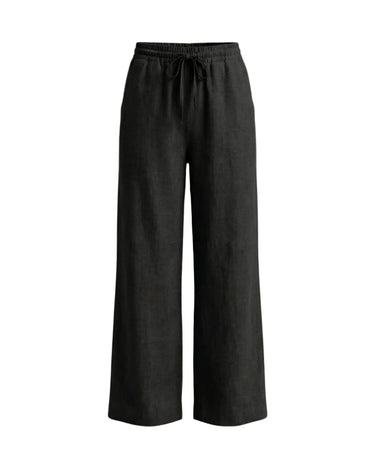 The Verena Cotton Linen Trousers in black — wide-leg drawstring linen trousers, product flat-lay