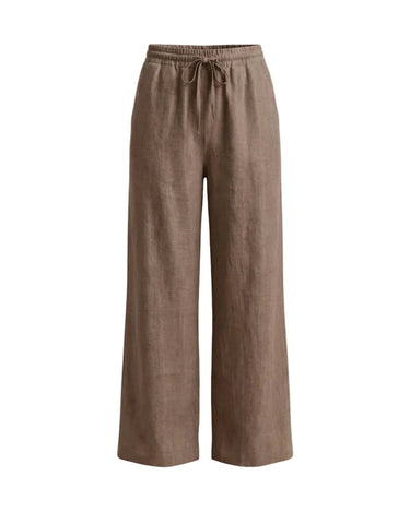 The Verena Cotton Linen Trousers in coffee — wide-leg drawstring linen trousers, product flat-lay