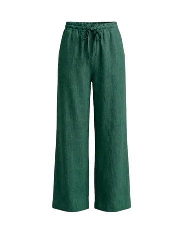 The Verena Cotton Linen Trousers in green — wide-leg drawstring linen trousers, product flat-lay