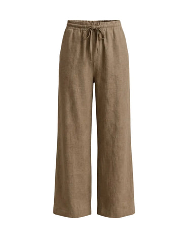 The Verena Cotton Linen Trousers in khaki — wide-leg drawstring linen trousers, product flat-lay