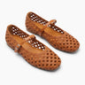 The Wren Mary Janes in camel — woven square-toe flats with buckle strap, angled pair view