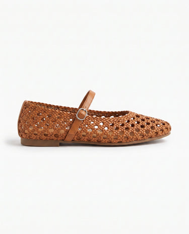 The Wren Mary Janes in camel — woven square-toe Mary Jane flat with buckle strap, side view