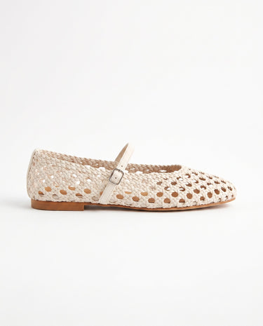 The Wren Mary Janes in white — woven square-toe Mary Jane flat with buckle strap, side view
