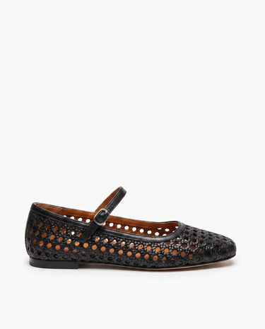 The Wren Mary Janes in black — woven square-toe Mary Jane flat with buckle strap, side view