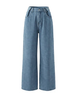 The Tiela Adjustable Jeans in blue — wide-leg jeans with adjustable button waistband, product flat-lay
