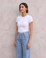 The Tiela Adjustable Jeans in blue — wide-leg jeans, front view on model