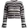Tilia Knit Cardigan in white and black — cropped striped brushed-knit cardigan with shell-look buttons, flat lay