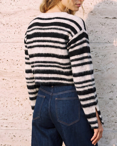 Tilia Knit Cardigan in white and black — back view on model
