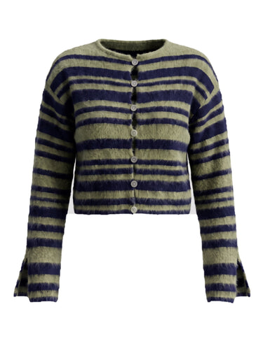 Tilia Knit Cardigan in green and navy — cropped striped brushed-knit cardigan with shell-look buttons, flat lay