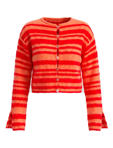 Tilia Knit Cardigan in orange and red — cropped striped brushed-knit cardigan with shell-look buttons, flat lay