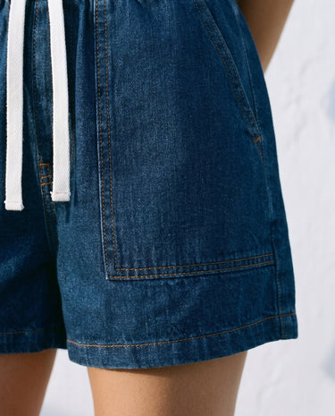 Dark Wash denim shorts, drawstring waist close-up – Moriel Heritage