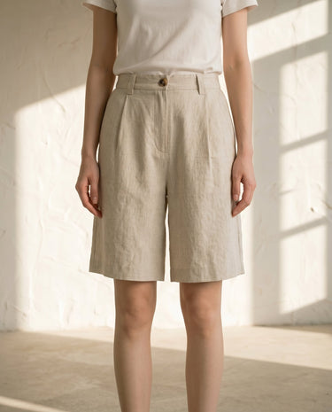 Linen-colour tailored linen shorts, view 2 – Moriel Heritage