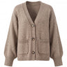 The Vintage Rosabele Cardigan in brown — single-breasted knit cardigan with oversized front pockets, product flat-lay