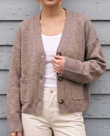 The Vintage Rosabele Cardigan in brown — knit cardigan, front view on model