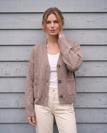 The Vintage Rosabele Cardigan in brown — knit cardigan, front view on model