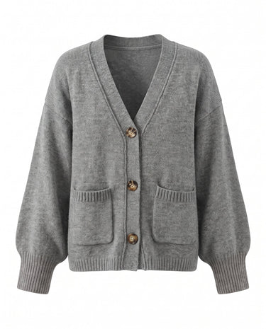 The Vintage Rosabele Cardigan in gray — single-breasted knit cardigan with oversized front pockets, product flat-lay