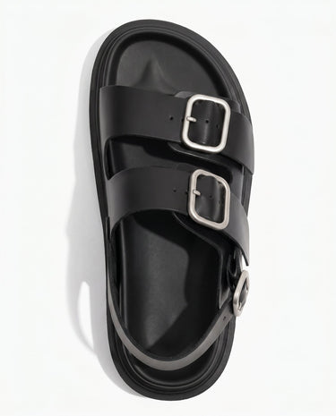 Black buckled strap sandals, top view – Moriel Heritage