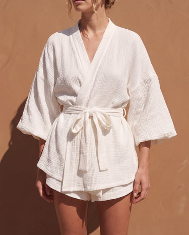 White Seaside Amalfi Set in white — front view showing the tie waist and matching shorts