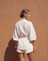 White Seaside Amalfi Set in white — back view on model showing the shorts and relaxed fit