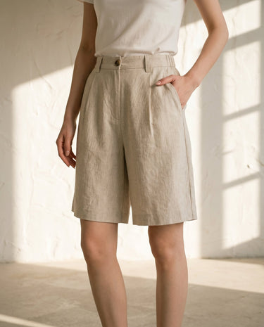 Linen-colour tailored linen shorts, view 3 – Moriel Heritage