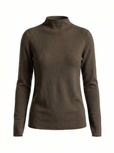Moss green cashmere-wool mock-neck knit top, flat-lay front view – Moriel Heritage