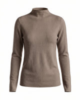 Mocha cashmere-wool mock-neck knit top, flat-lay front view – Moriel Heritage