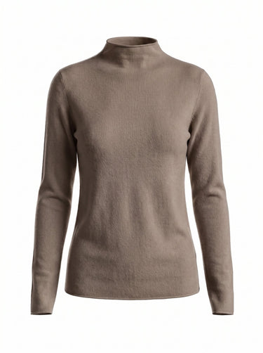 Mocha cashmere-wool mock-neck knit top, flat-lay front view – Moriel Heritage