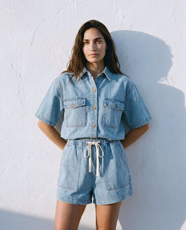 Light Wash denim wide-fit set on model, front view – Moriel Heritage