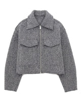 Zoe Coat in gray — cropped tweed-effect zip jacket with polo collar and flap chest pockets, flat lay