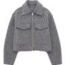 Zoe Coat in gray — cropped tweed-effect zip jacket with polo collar and flap chest pockets, flat lay