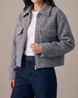 Zoe Coat in gray — worn open over a white tee with dark jeans, front view on model