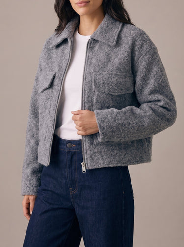 Zoe Coat in gray — worn open over a white tee with dark jeans, front view on model