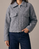 Zoe Coat in gray — three-quarter front view on model showing the flap chest pockets