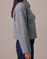 Zoe Coat in gray — side profile on model showing the cropped length