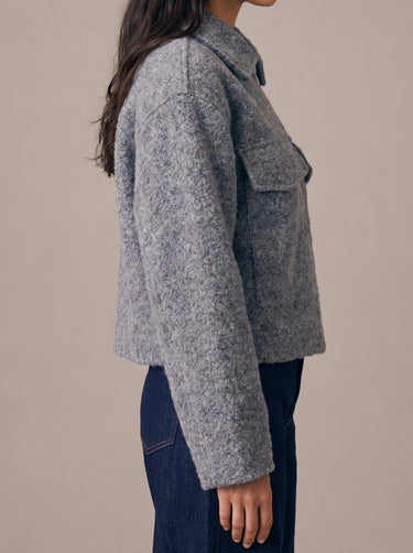 Zoe Coat in gray — side profile on model showing the cropped length