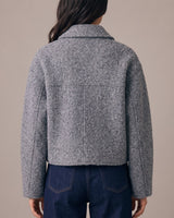 Zoe Coat in gray — back view on model showing the polo collar and boxy cut