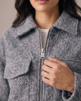 Zoe Coat in gray — close-up of the polo collar and silver-tone zip